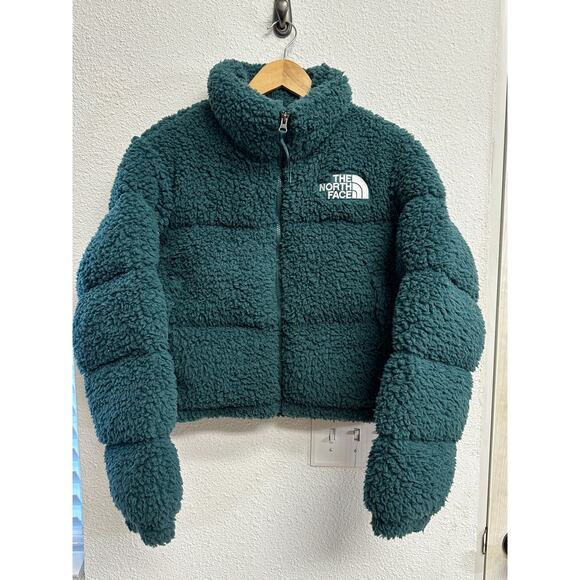 Womens The North Face High Pile Sherpa Nuptse Short Crop 700-Down Jacket Green - Picture 1 of 4